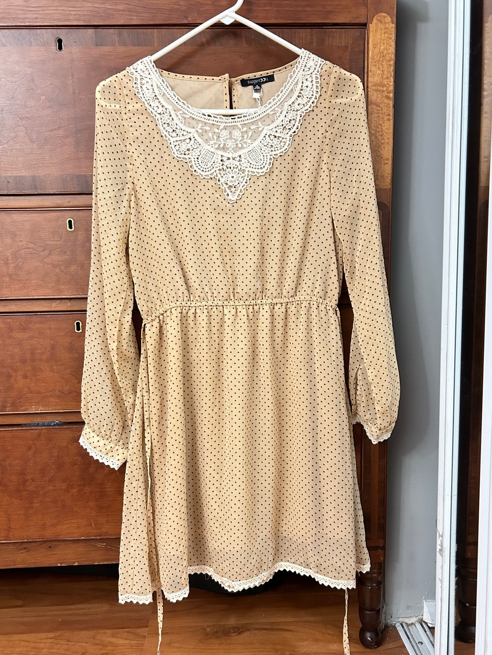 Beige Polka Dot Lace-Trimmed Dress